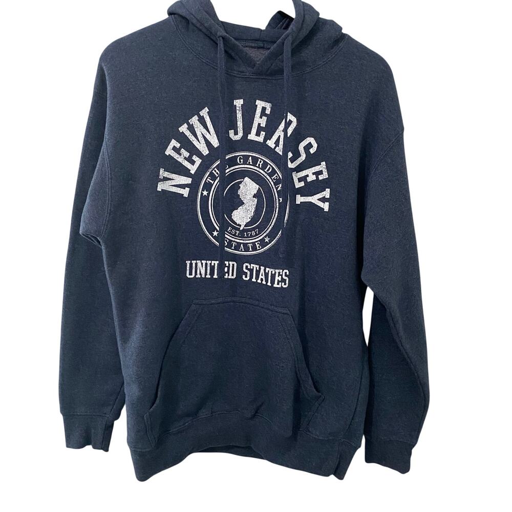 New Jersey Hoodie Mens Medium Blue Gray Graphic Pullover Sweatshirt USA